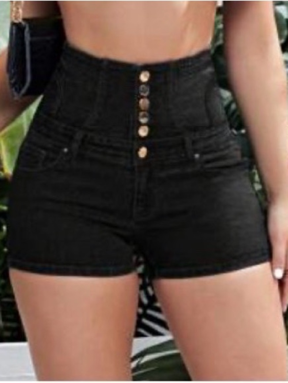 SHEIN Black Super High-Waist Button-Up Denim Shorts